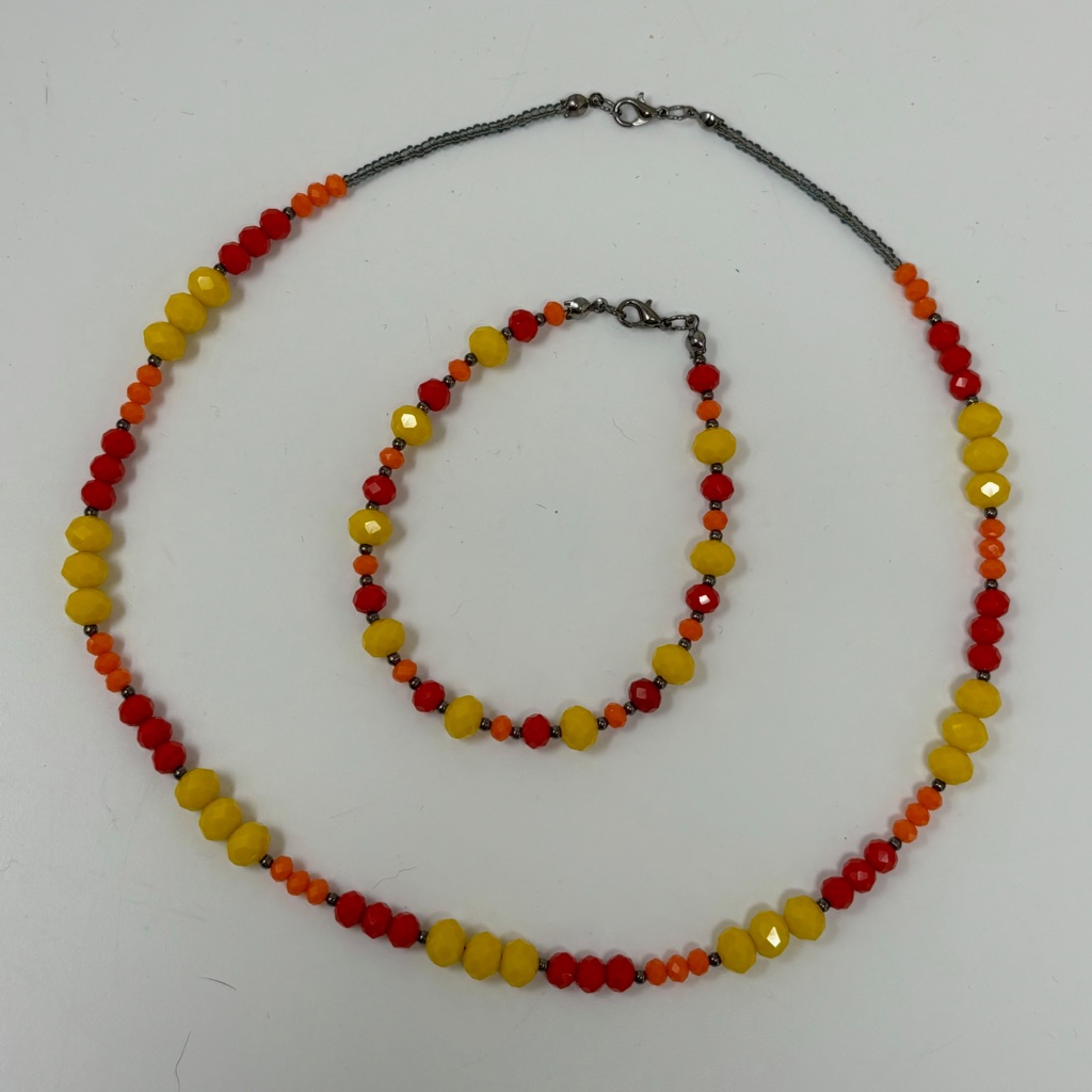 Handmade Beaded Necklace Bracelet Set Yellow Orange Coral Red Glass Beads Black